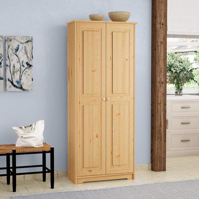 Rosalind Wheeler Madalyn Cabinet Pantry 2 Doors with Solid Wood Elevate your Storage with Charm Finish Natural Wood Wayfair Pantry Cabinets